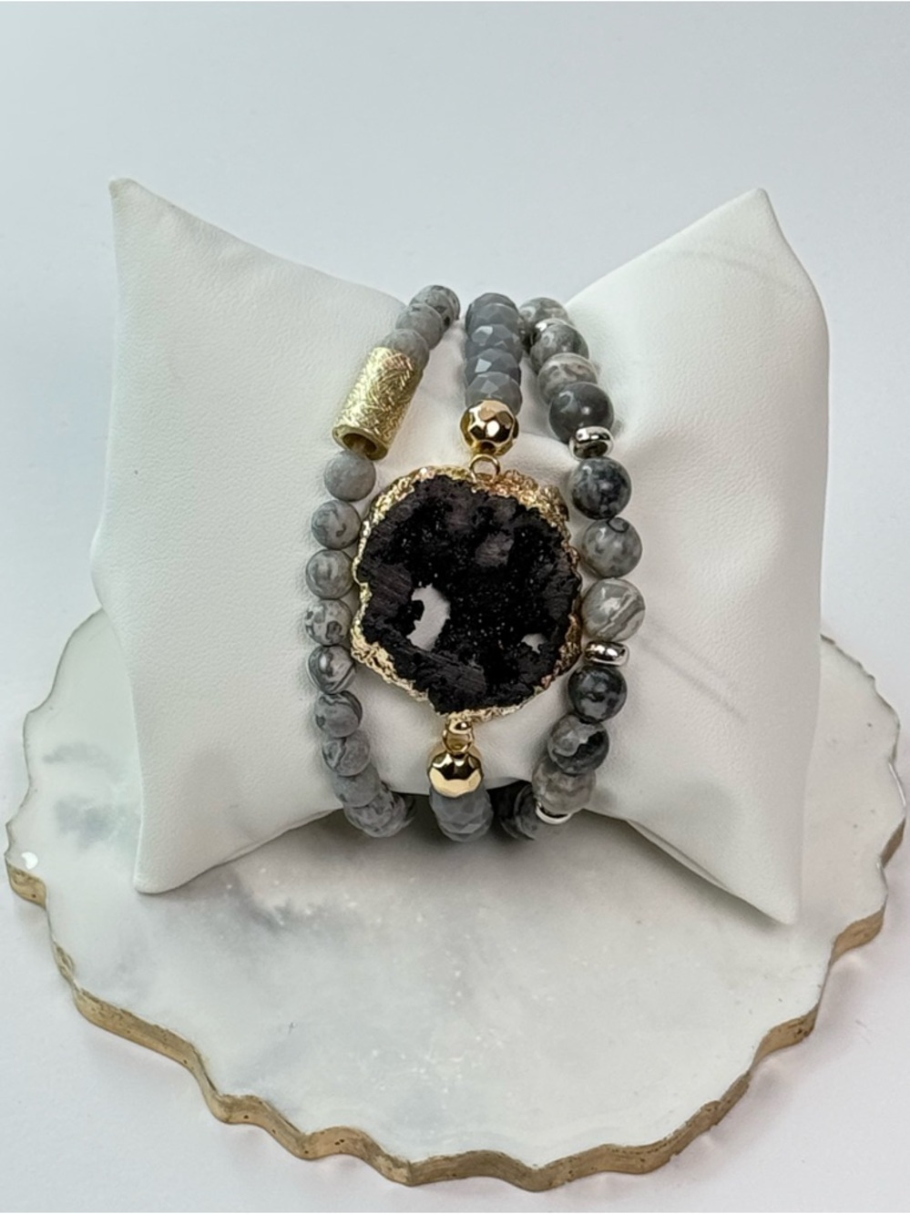 3PC Gray Beaded Bracelet Stack with Druzy Pendant | Neutral Luxe Boutique Set - Picture 2 of 2